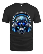 Neon Skull Headphones Music Graphic T Shirt With DJ Vibes - black t-shirt on white background