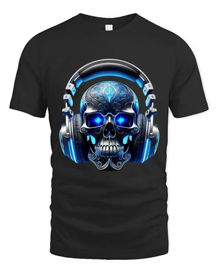 Neon Skull Headphones Music Graphic T Shirt With DJ Vibes - black t-shirt on white background