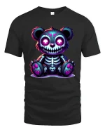 Cute Spooky Skeleton Teddy Bear Neon Art Graphic T Shirt - black t-shirt on white background