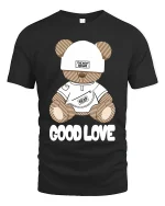 Cute Teddy Bear Good Love Graphic T Shirt With Soft Sweet Style - black t-shirt on white background