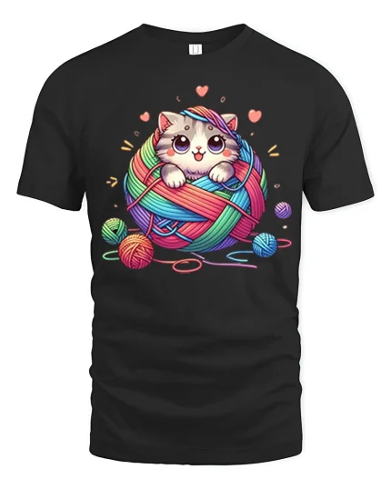 Cute Kitten Yarn Ball Graphic T Shirt With Cozy Funny Style - black t-shirt on white background