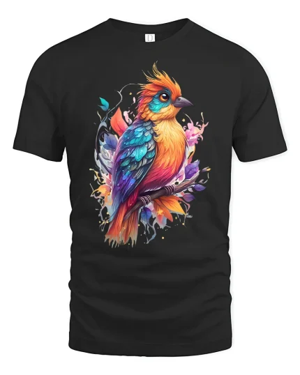 Colorful Artistic Bird Illustration Graphic T Shirt With Nature Vibe - black t-shirt on white background