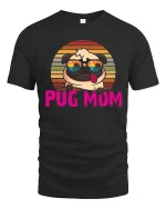Pug Mum Retro Sunset Graphic Tee With Cute Funny Dog Art - black t-shirt on white background