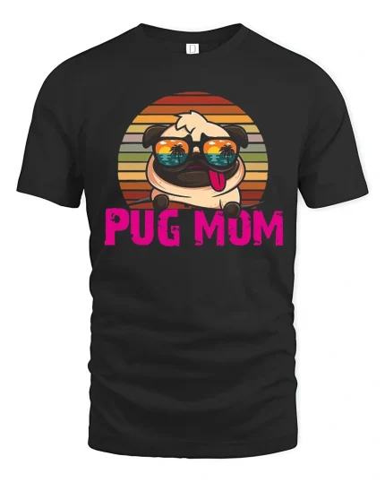 Pug Mum Retro Sunset Graphic Tee With Cute Funny Dog Art - black t-shirt on white background
