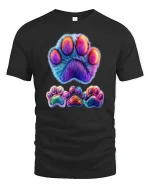 Colorful Furry Paw Print Graphic Tee With Cute Animal Art - black t-shirt on white background