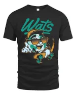 Wats Cool Earth Skateboard Cartoon Street Art Graphic T Shirt - black t-shirt on white background