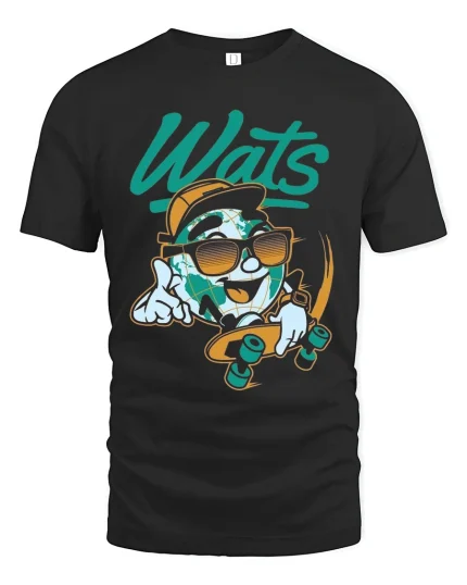 Wats Cool Earth Skateboard Cartoon Street Art Graphic T Shirt - black t-shirt on white background