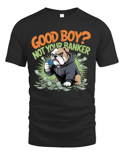 Good Boy Not Your Banker Funny Bulldog Money Graphic T Shirt - black t-shirt on white background
