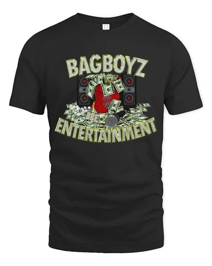 BagBoyz Entertainment Money And Music Street Graphic T Shirt - black t-shirt on white background