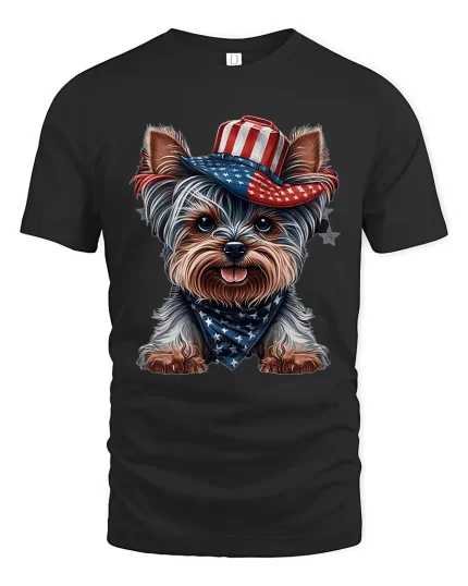 Patriotic Dog Wearing American Flag Hat Cute Graphic T Shirt - black t-shirt on white background