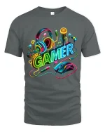 Neon Gamer Headset Mouse Keyboard Colorful Gaming Graphic T Shirt - gray t-shirt on white background