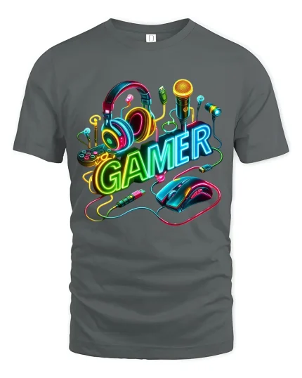 Neon Gamer Headset Mouse Keyboard Colorful Gaming Graphic T Shirt - gray t-shirt on white background