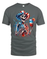 Patriotic Skeleton Drink Graphic T Shirt American Style Art - gray t-shirt on white background