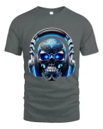 Neon Skull Headphones Music Graphic T Shirt With DJ Vibes - gray t-shirt on white background