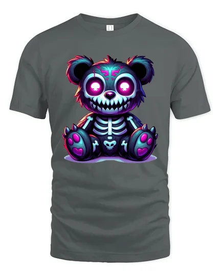Cute Spooky Skeleton Teddy Bear Neon Art Graphic T Shirt - gray t-shirt on white background