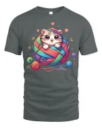 Cute Kitten Yarn Ball Graphic T Shirt With Cozy Funny Style - gray t-shirt on white background