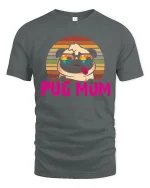 Pug Mum Retro Sunset Graphic Tee With Cute Funny Dog Art - gray t-shirt on white background