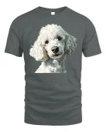 Cute White Poodle Portrait Graphic Tee With Elegant Dog Art - gray t-shirt on white background