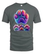 Colorful Furry Paw Print Graphic Tee With Cute Animal Art - gray t-shirt on white background