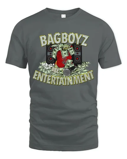 BagBoyz Entertainment Money And Music Street Graphic T Shirt - gray t-shirt on white background