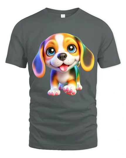 Cute Puppy Big Eyes Smiling Dog Illustration Graphic T Shirt - gray t-shirt on white background