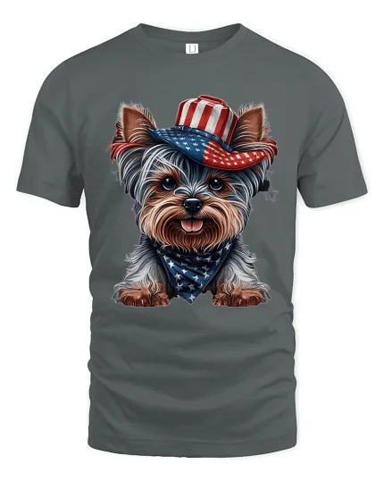 Patriotic Dog Wearing American Flag Hat Cute Graphic T Shirt - gray t-shirt on white background