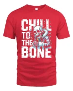 Chill to the Bone Skeleton Winter Graphic T Shirt With Cool Attitude - red t-shirt on white background