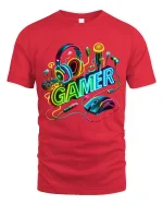 Neon Gamer Headset Mouse Keyboard Colorful Gaming Graphic T Shirt - red t-shirt on white background