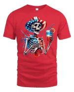 Patriotic Skeleton Drink Graphic T Shirt American Style Art - red t-shirt on white background