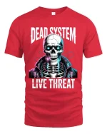 Dead System Live Threat Cyberpunk Skeleton Graphic T Shirt - red t-shirt on white background