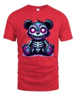 Cute Spooky Skeleton Teddy Bear Neon Art Graphic T Shirt - red t-shirt on white background