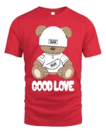 Cute Teddy Bear Good Love Graphic T Shirt With Soft Sweet Style - red t-shirt on white background
