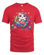 Cute Kitten Yarn Ball Graphic T Shirt With Cozy Funny Style - red t-shirt on white background