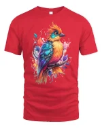 Colorful Artistic Bird Illustration Graphic T Shirt With Nature Vibe - red t-shirt on white background