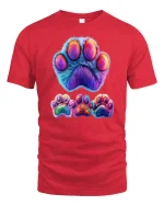 Colorful Furry Paw Print Graphic Tee With Cute Animal Art - red t-shirt on white background