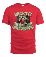 BagBoyz Entertainment Money And Music Street Graphic T Shirt - red t-shirt on white background