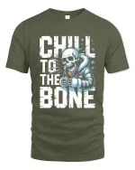 Chill to the Bone Skeleton Winter Graphic T Shirt With Cool Attitude - military green t-shirt on white background