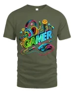 Neon Gamer Headset Mouse Keyboard Colorful Gaming Graphic T Shirt - military green t-shirt on white background