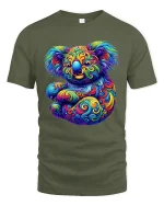 Psychedelic Koala Colorful Swirl Art Graphic T Shirt - military green t-shirt on white background