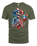 Patriotic Skeleton Drink Graphic T Shirt American Style Art - military green t-shirt on white background