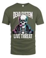 Dead System Live Threat Cyberpunk Skeleton Graphic T Shirt - military green t-shirt on white background