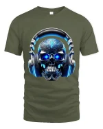 Neon Skull Headphones Music Graphic T Shirt With DJ Vibes - military green t-shirt on white background
