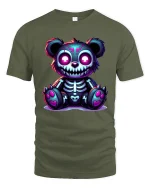 Cute Spooky Skeleton Teddy Bear Neon Art Graphic T Shirt - military green t-shirt on white background