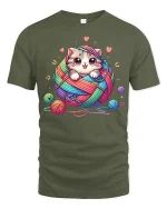 Cute Kitten Yarn Ball Graphic T Shirt With Cozy Funny Style - military green t-shirt on white background