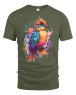 Colorful Artistic Bird Illustration Graphic T Shirt With Nature Vibe - military green t-shirt on white background