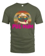 Pug Mum Retro Sunset Graphic Tee With Cute Funny Dog Art - military green t-shirt on white background