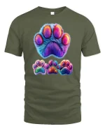 Colorful Furry Paw Print Graphic Tee With Cute Animal Art - military green t-shirt on white background