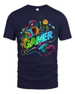 Neon Gamer Headset Mouse Keyboard Colorful Gaming Graphic T Shirt - navy t-shirt on white background