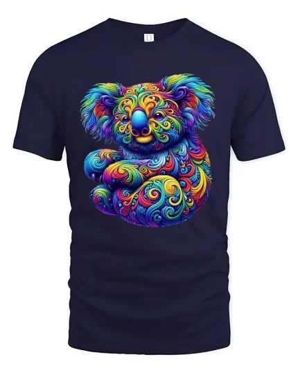 Psychedelic Koala Colorful Swirl Art Graphic T Shirt - navy t-shirt on white background