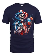 Patriotic Skeleton Drink Graphic T Shirt American Style Art - navy t-shirt on white background